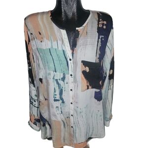 Massimo Abstract Print Long Sleeve Semi-Sheer Button Up Top Size L